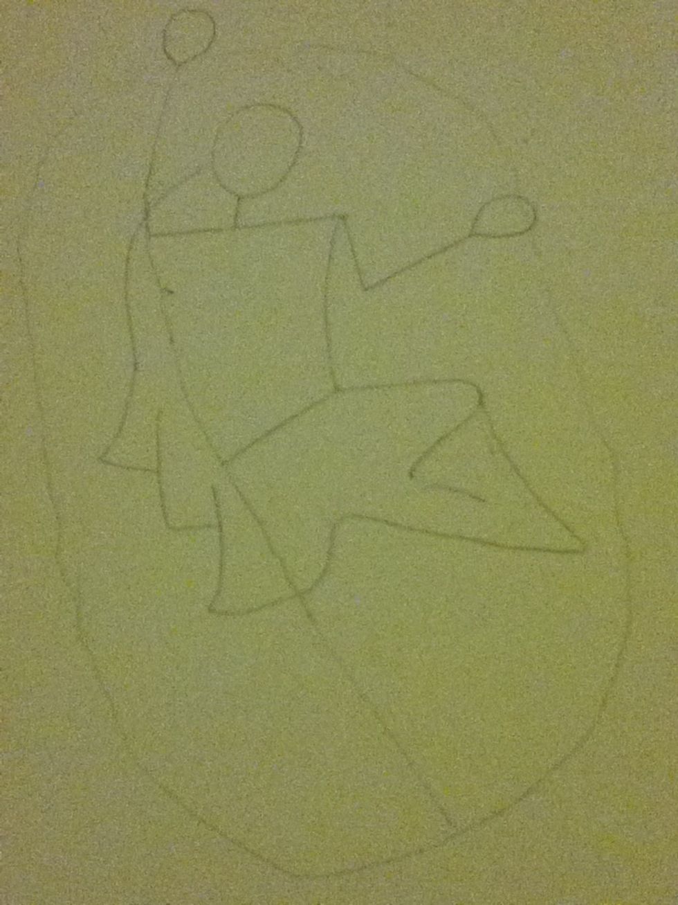 Draw some folds as his cape and then a long curving line linking back to where his knee should be