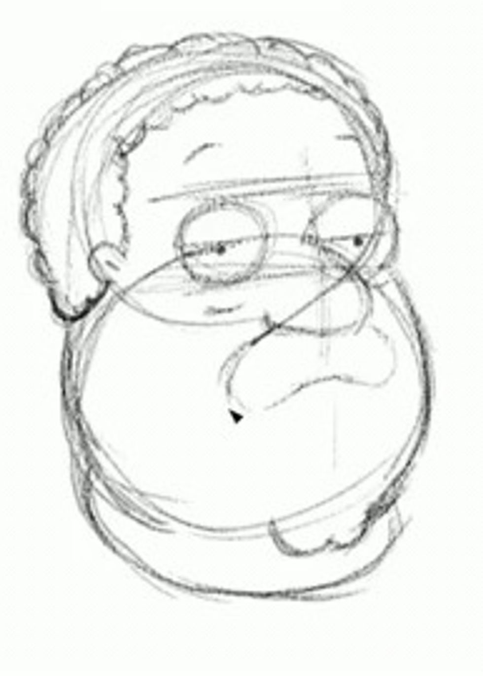 Draw the mustache which looks like a pickle and add small half circles under and above the eyes.