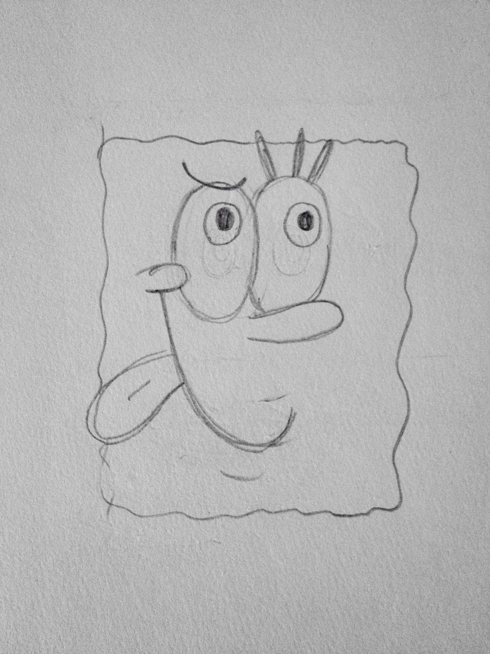 Draw the outline of his face using squiggly lines like this. Make it squarish.