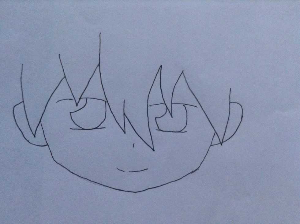 Draw the shape of the face, the ears, and the nose and mouth