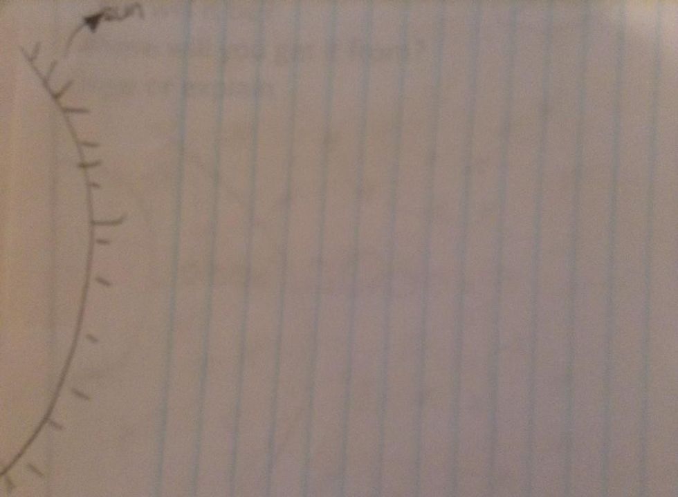 Draw the sun on the left hand side of the drawing paper (don't forget to draw it big), also color it yellow/orange.