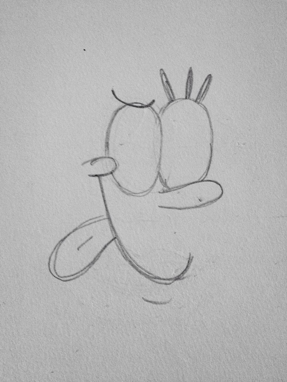 Draw three thick eyelashes above the right eye and his eyebrow coming down over his left eye like this. Erase the bit of the eye under the eyebrow. Also draw his chin underneath his mouth.