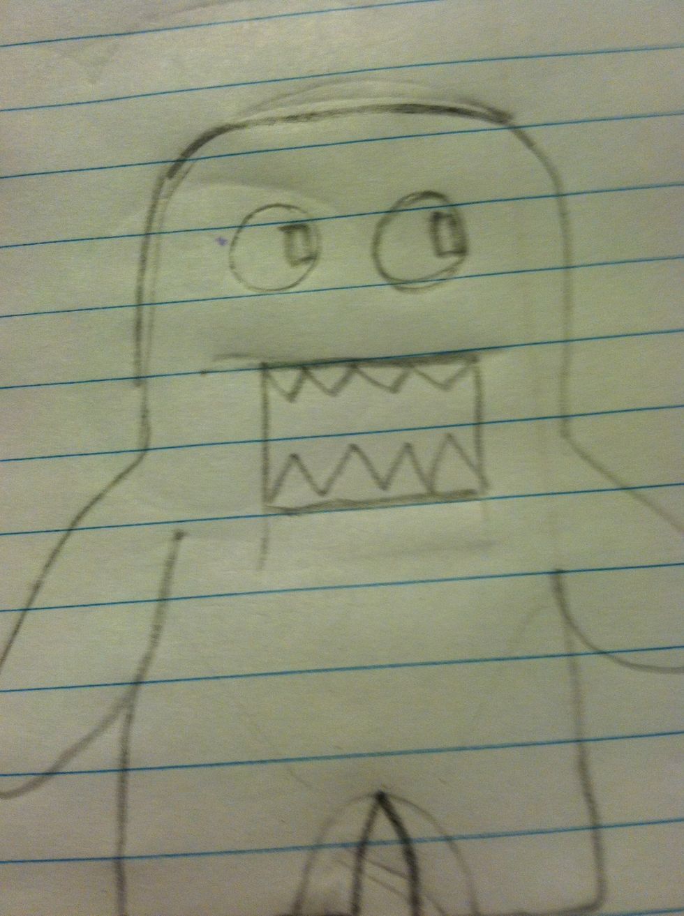 Draw two circles for the eyes and two curved rectangles on each eye for the glare. Then draw a big rectangle for the mouth and draw 4 triangles for the teeth on the top and bottom of the mouth.