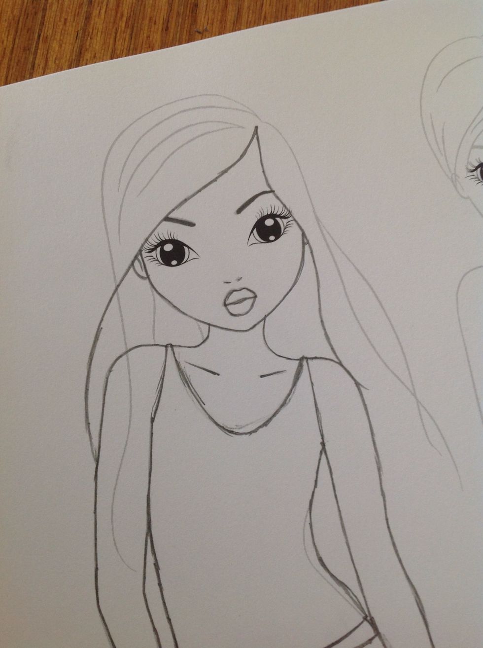 Draw two curving lines. Sweep your pencil across her face