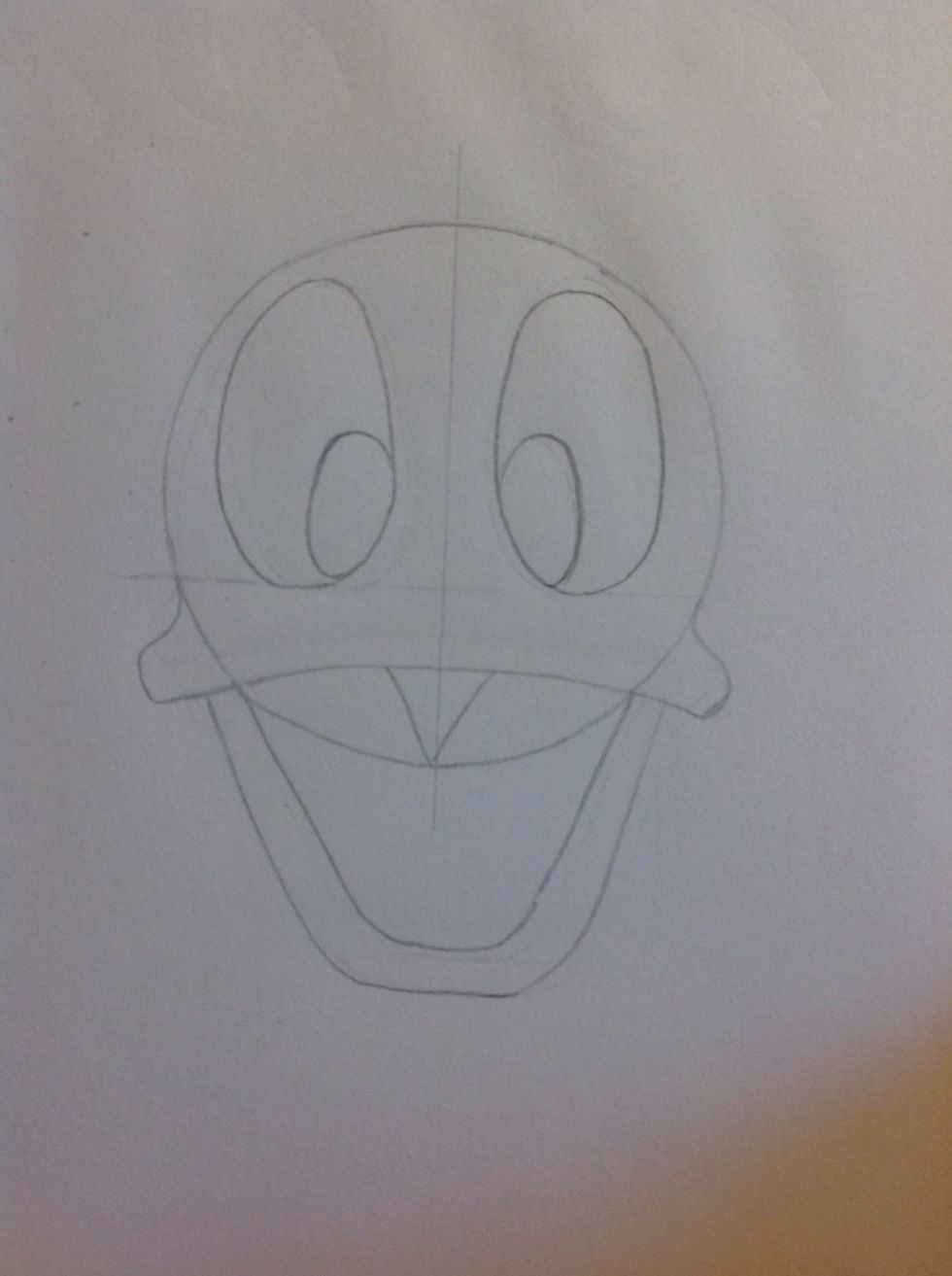 Draw two large ovals in the top half of the circle, each side of the reference line. Make sure they are equal sizes.