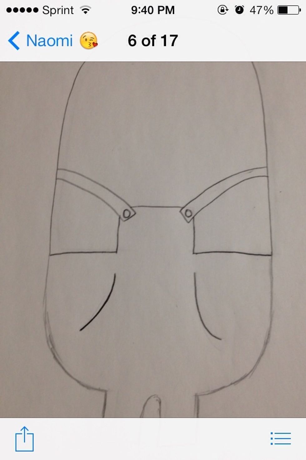 Draw two straps on the square part of the overalls with a circle in it for a button and two round lines for the body part of the overalls to make it look like pockets for his hands