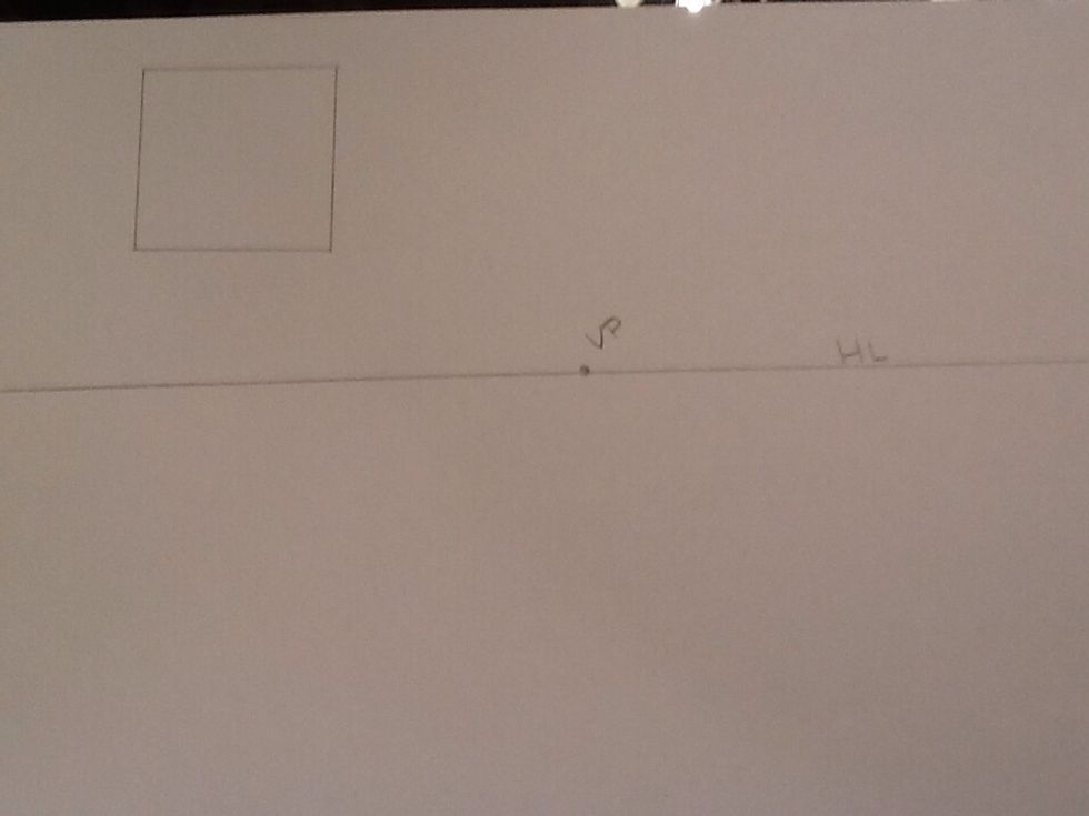 Draw your basic square. Since it is above the horizon line, you will see the bottom of your box. With one point, you always start off with a shape (the front of an object).
