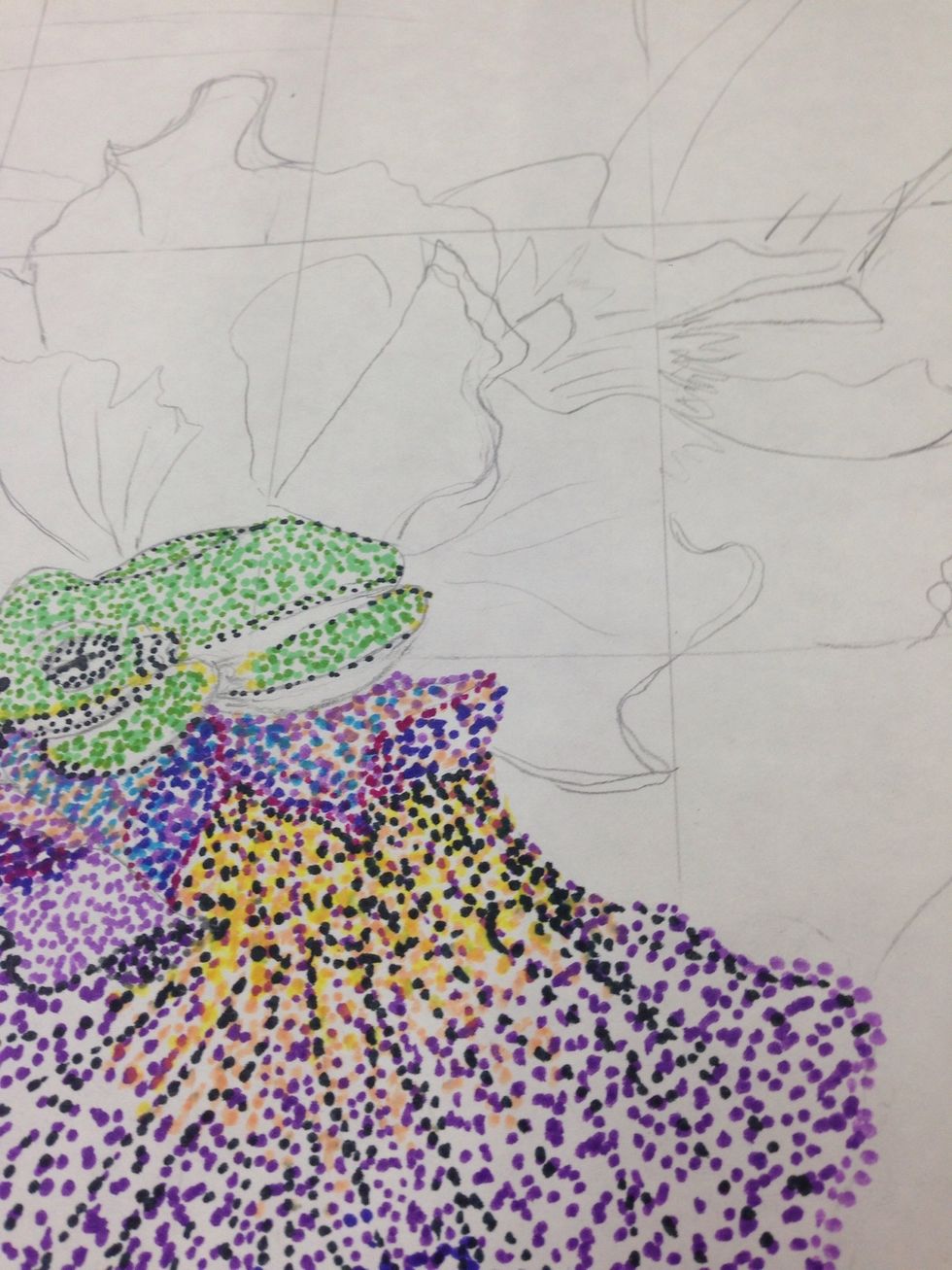 Draw your picture using pencil and light lines. I used a grid method to draw mine which will also make it easier to work small areas at a time.