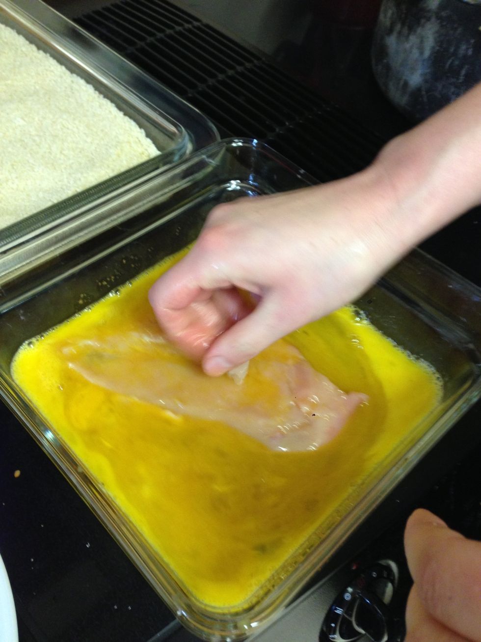 Dredge the chicken in the egg / Johnny's mixture