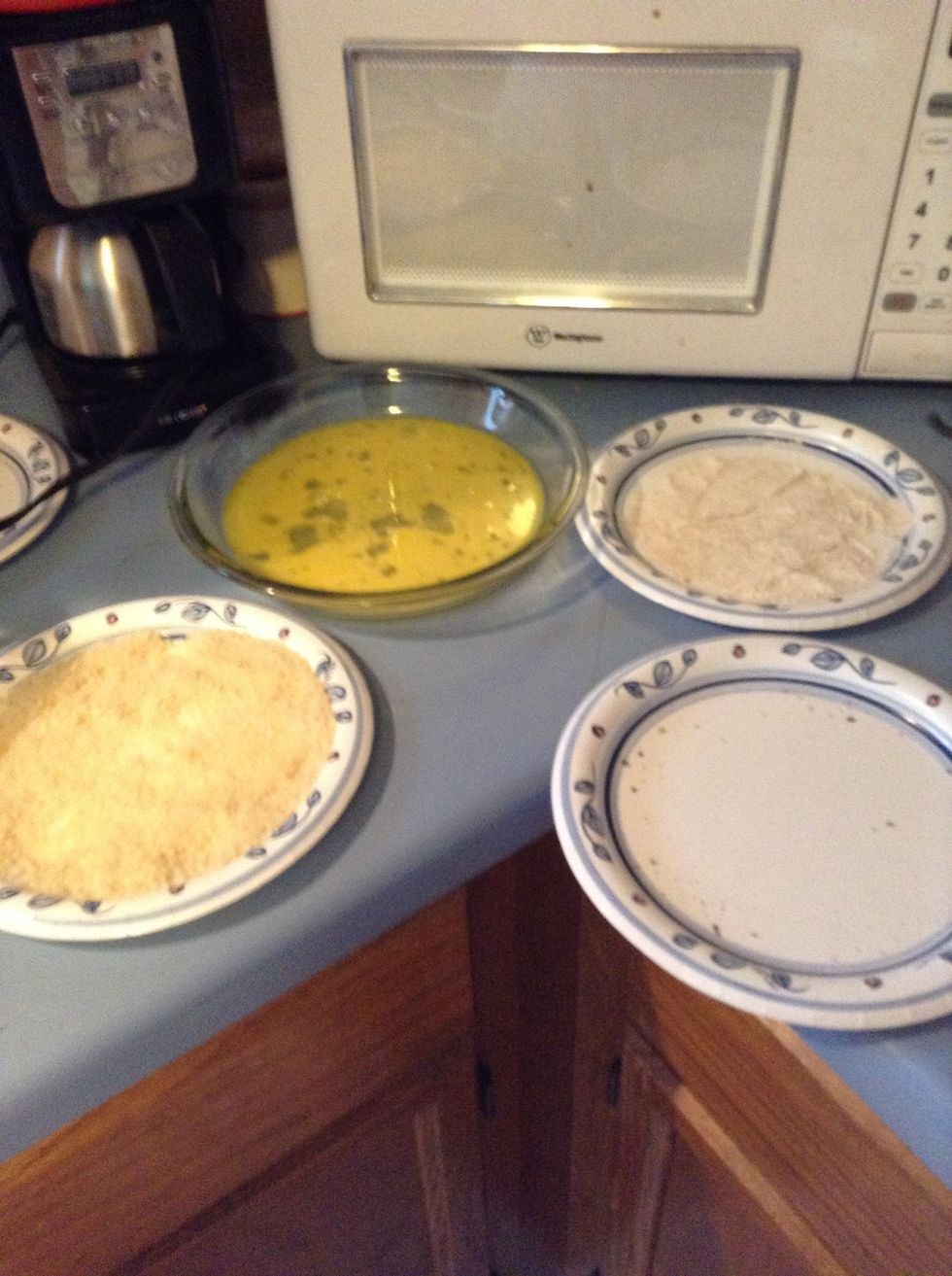 Dredging station from right to left in order: salt and pepper (allspice too but we didn't use it because I dislike it), flour (we used whole wheat), egg, Panko.