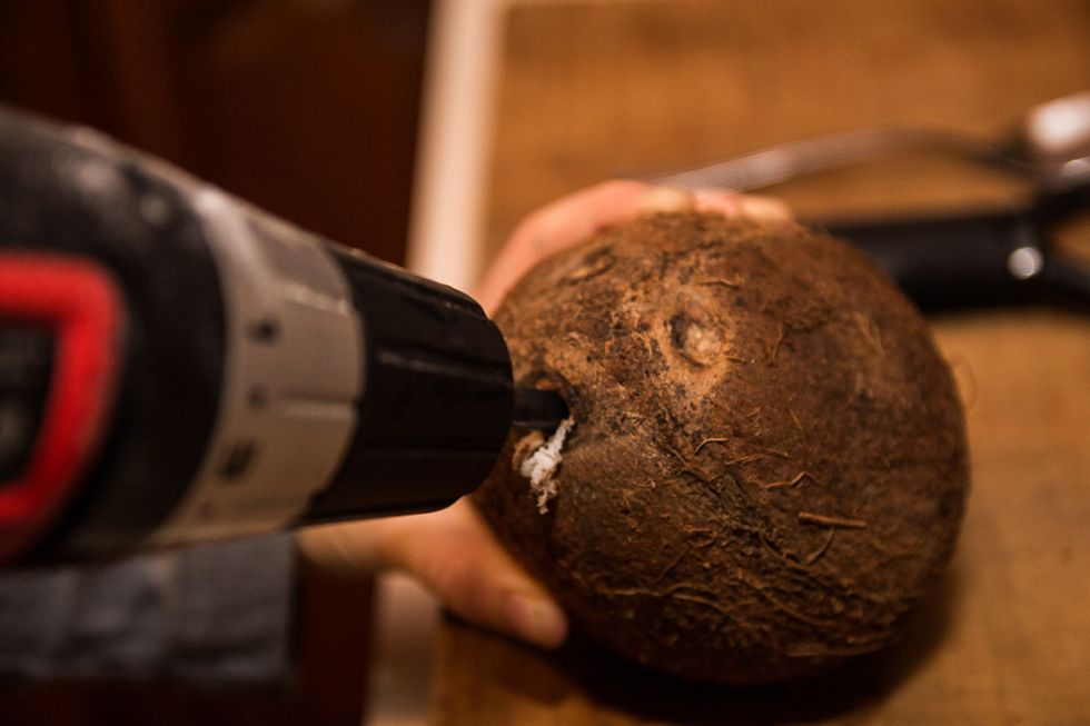 Drill holes in the "eyes" and for jeepers sakes don't forgot to clean your bit first. I keep a clean bit in my utensil drawer just for food stuffs. Make two holes so the water comes out smoothly