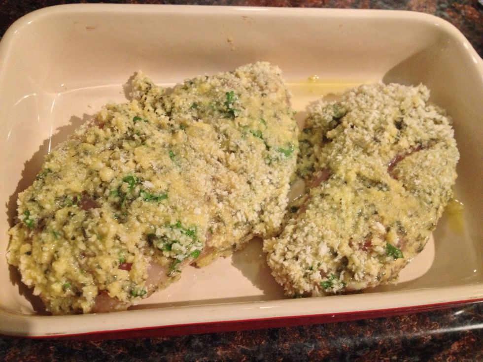 Drizzle a little bit of olive oil onto your baking dish before you place the chicken in it.