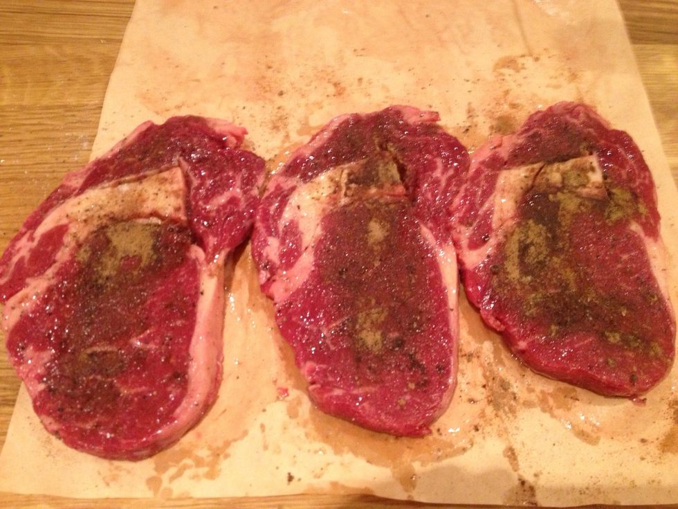 Drizzle a little oil on each steak and rub in your seasoning. This is salt, pepper and porcini mushroom powder