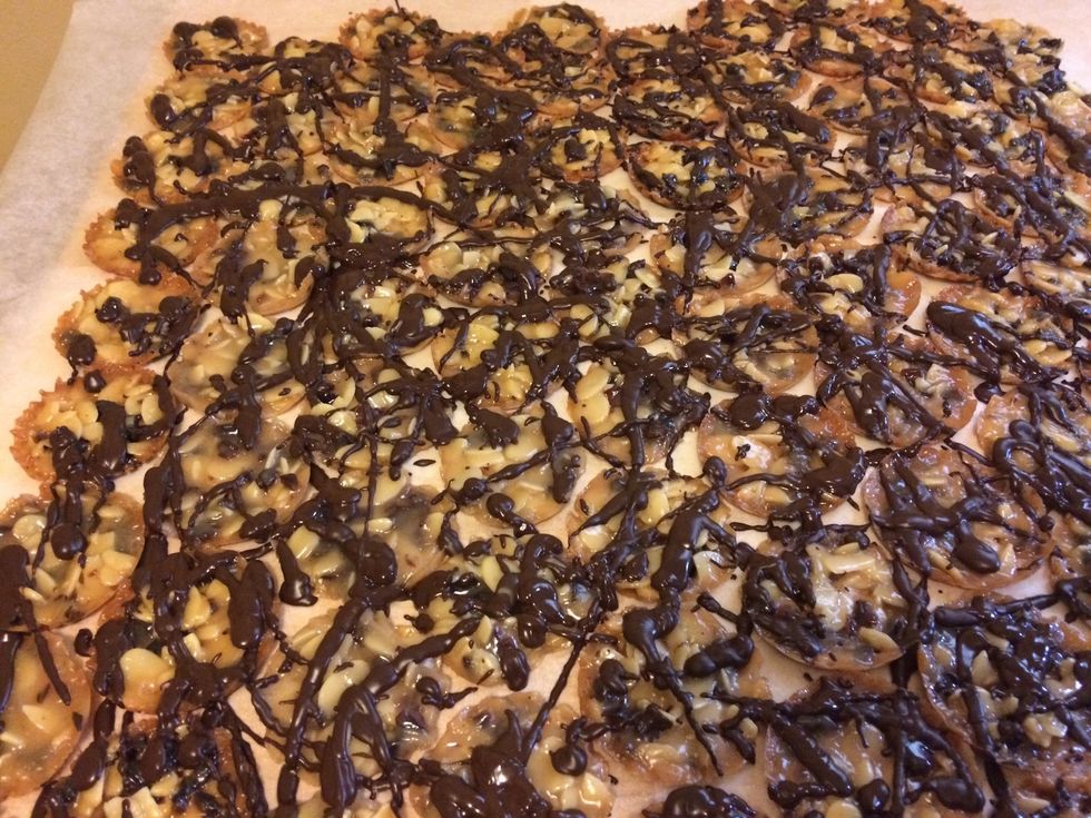 Drizzle chocolate overtop cookies, or dip cookies into chocolate to cover halfway. Transfer to parchment-lined baking sheet and let stand until chocolate has set.