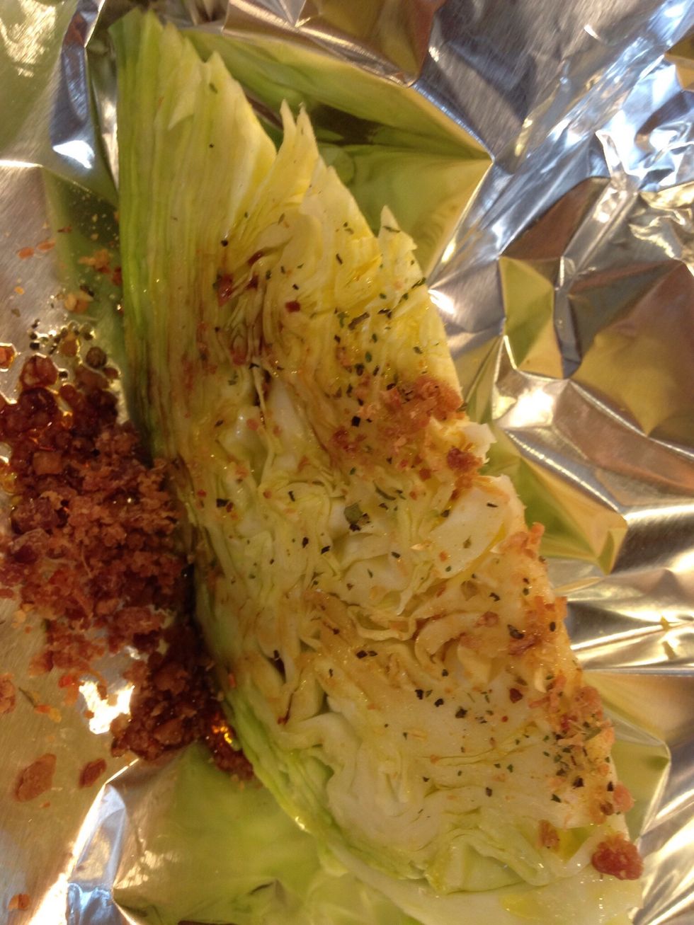Drizzle olive oil over cabbage, add a couple drops of lemon juice, soy sauce. Sprinkle with dry seasoning.