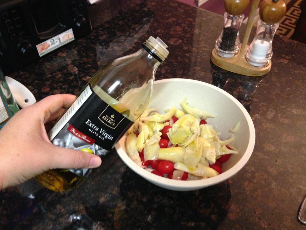 Drizzle olive oil over salad (~1-2 Tbs)