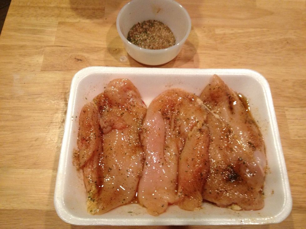 Drizzle olive oil to prevent from sticking. Season with your favorite mexican spices. I chose salt and pepper, garlic powder, onion powder, cumin, paprika, chili powder, and oregano.