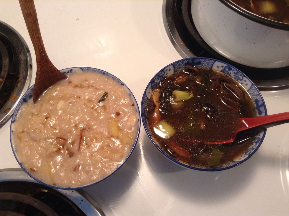 Drizzle Sesame Oil over the soup once in the bowl, stir and serve. The bowl next to it is rice pudding with jujubes, apple, ginger, honey, cinnamon and milk. This serves 1-2 people. Enjoy!