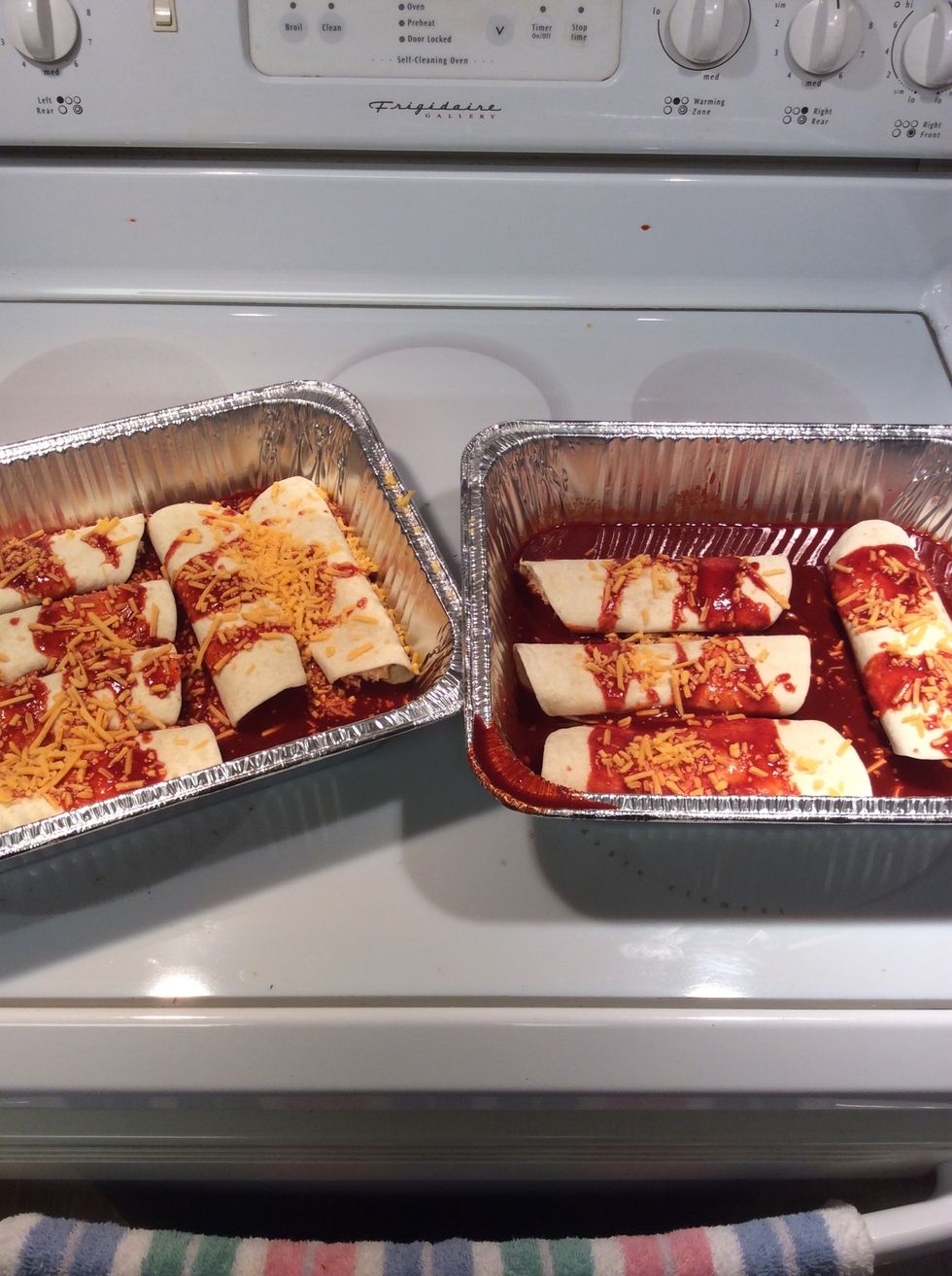 Drizzle the rest of the sauce on top of the completed tortillas, and sprinkle cheese on top of them.