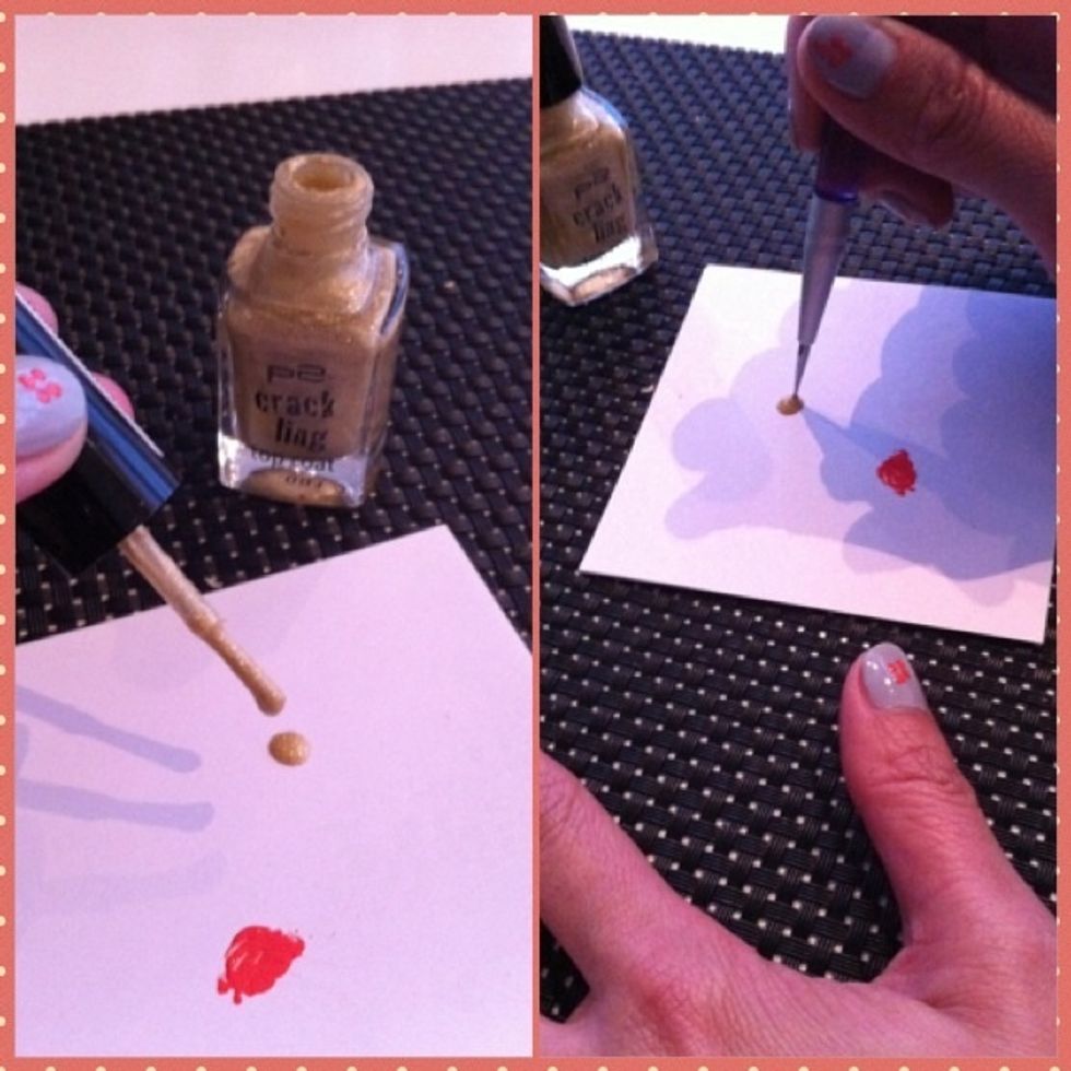 Drop a blob of the gold colour nail on a piece of paper. Use dotter to dip into it.