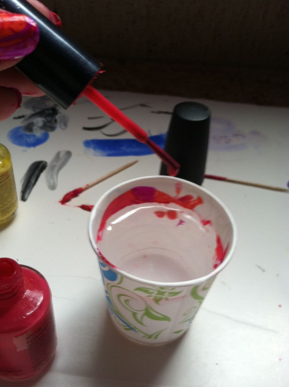 Drop a drop of one of your colored polishes in the water. (It might help to tip your bottle of polish over)  It should float to the top and spread out.