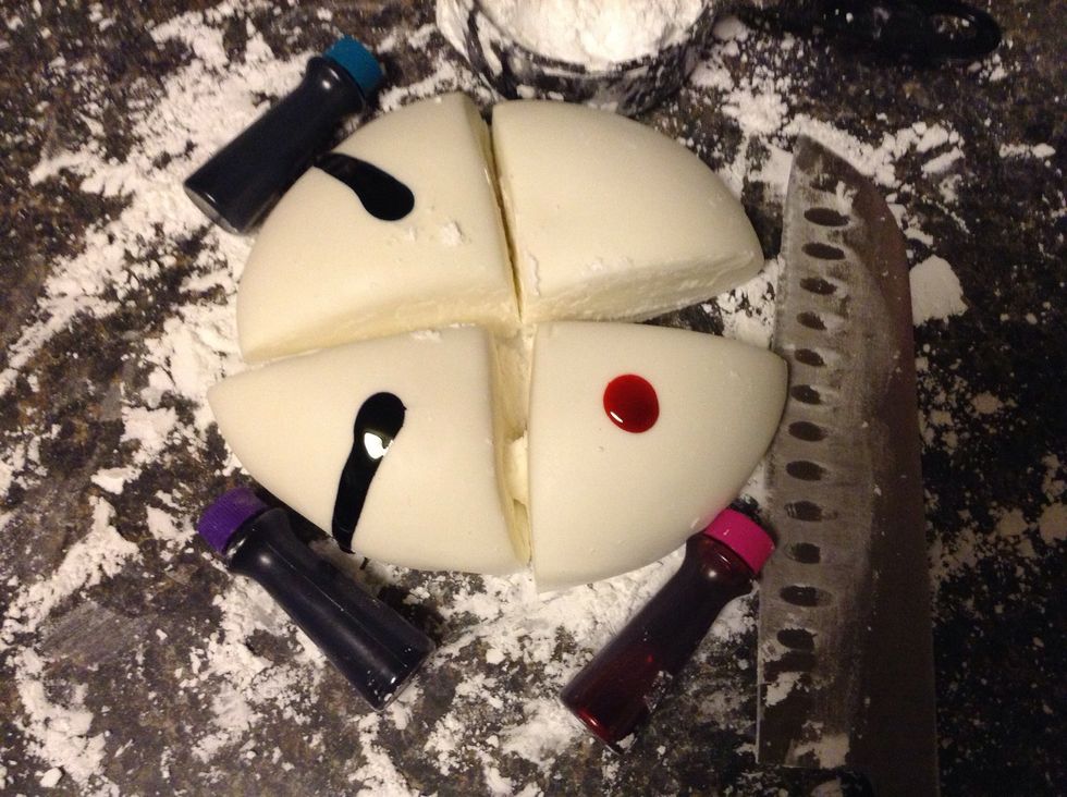 Drop a few drops of food coloring onto the sections.