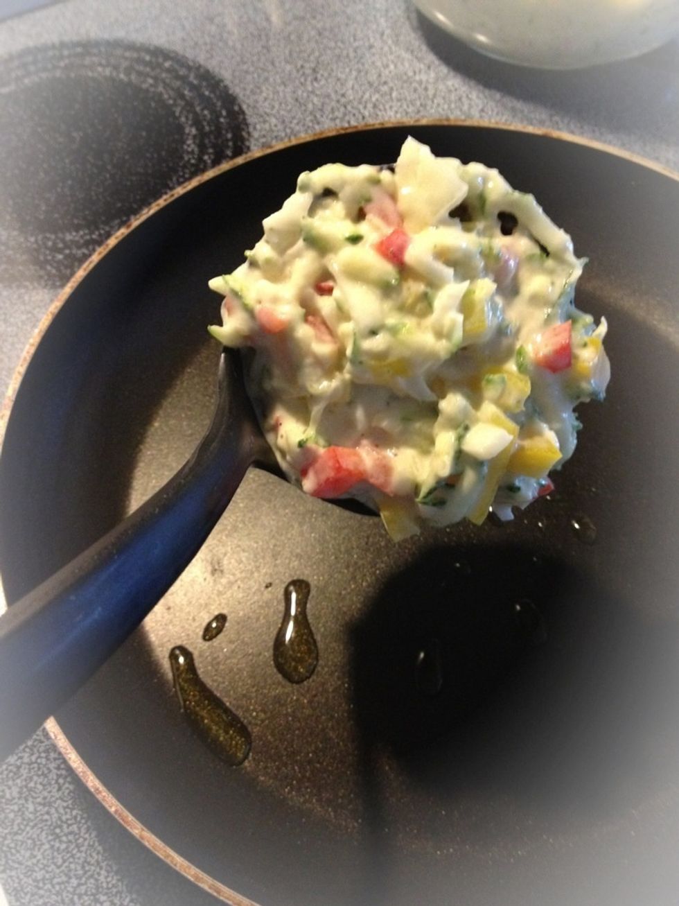 Drop a ladle size scoop into slightly oiled pan over medium heat (these are not deep fried)