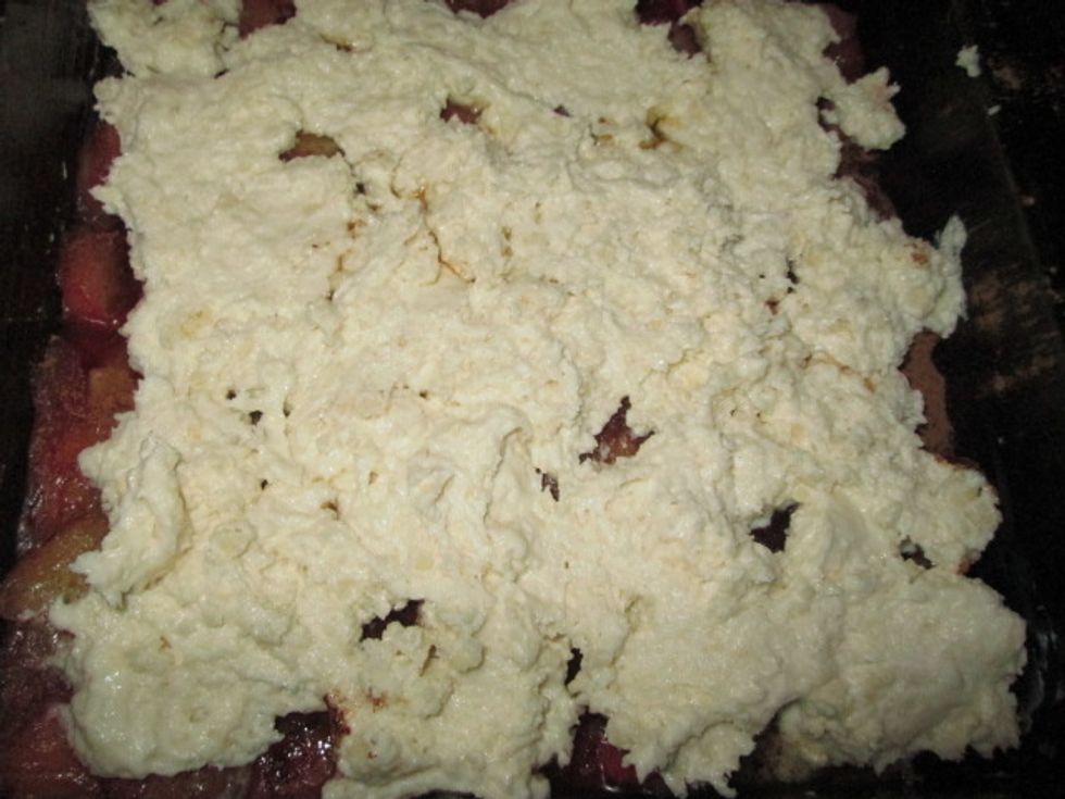 Drop by spoonfuls on top of the rhubarb mixture. Sprinkle with the 2 tablespoons of sugar. Bake at 400 degrees Fahrenheit for 20 minutes or until lightly browned on top. Makes 9 servings.