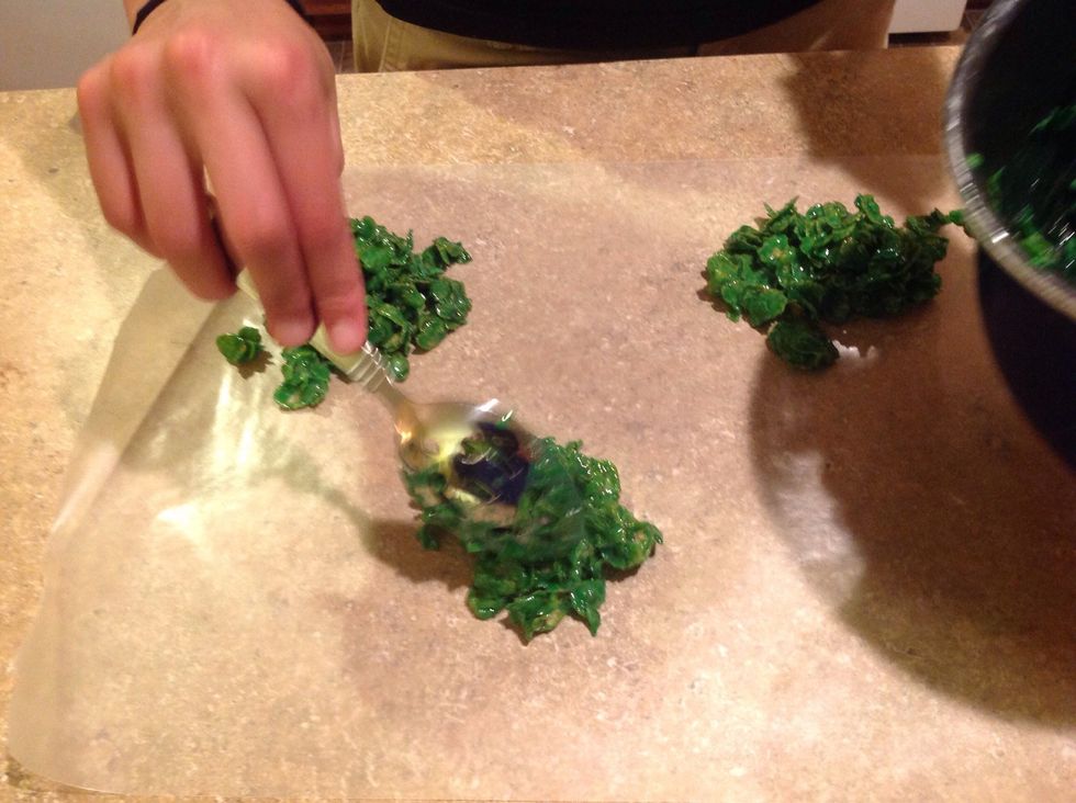 Drop heaping tablespoonfuls of the mixture onto the waxed paper.