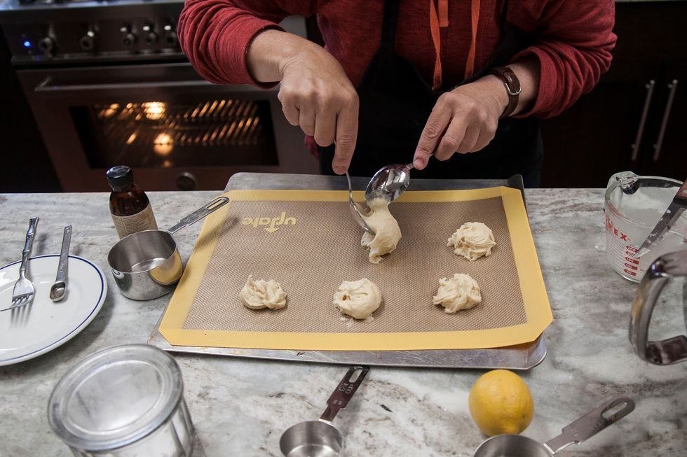 Drop large globs of batter onto the cookie sheet. (abt 1/4 cups worth) keep them 2 inches apart as they'll spread some.