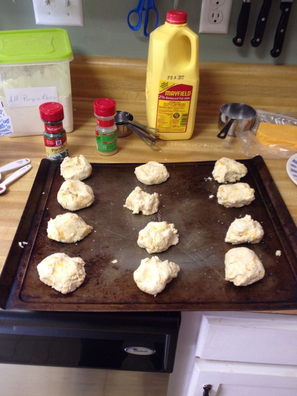 Drop on cookie sheet. There should be 12 or if you want them bigger, maybe 8. Bake for 13-15 minutes or until golden brown.