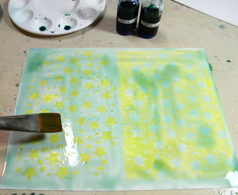 Drop Panache and Stargazer Minx Inks on the print and brush it around.