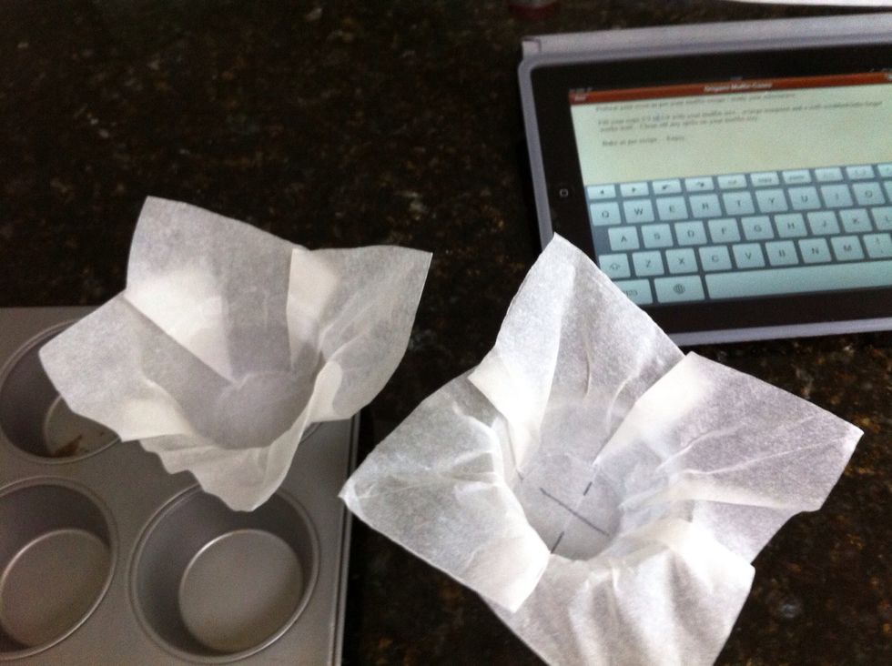 Drop your cups into the (lightly sprayed) muffin tin.  Lightly spray the inside of each cup and 2/3rds fill with your muffin batter (stirred until JUST combined!.. DON'T over mix).  Bake, and Enjoy.