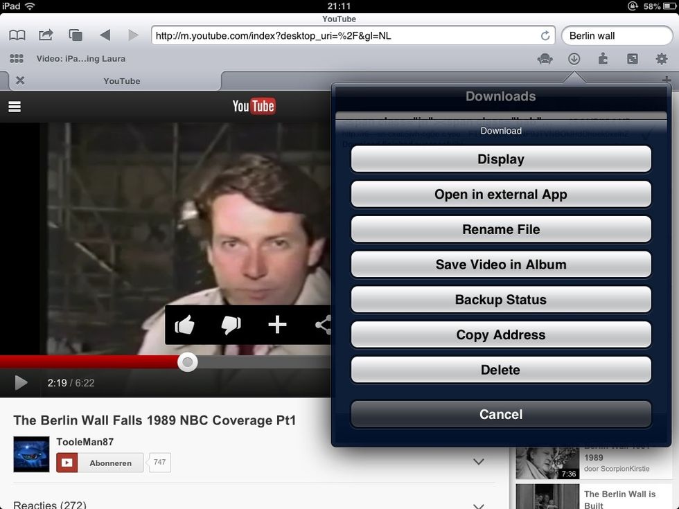 Druk wat langer op je binnengehaalde film en dit keuzevenster verschijnt. Tap op Save Video in Album. Je fragment staat nu op je filmrol. Vanuit andere apps zoals iMovie kan je het nu bewerken.