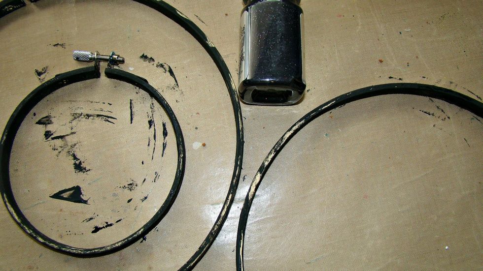 Dry brush black paint on the hoops very random, I wanted these to have a peeled paint effect.