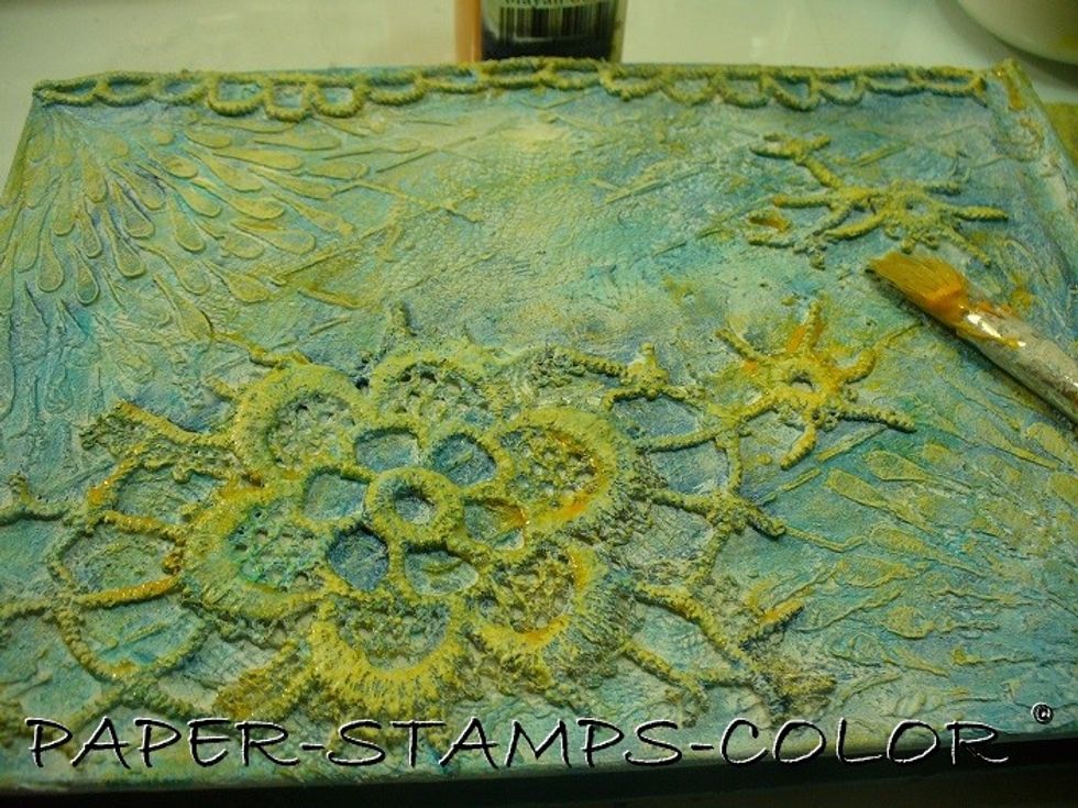 Dry brush some yellows onto the surface, starting with Mayan Gold Velvet....