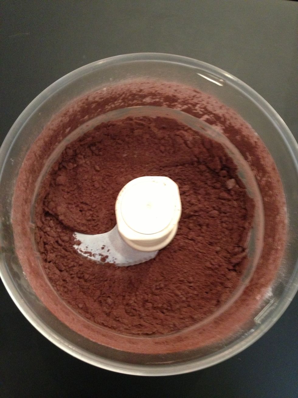 Dry ingredients: 150 gluten free mix + 1Tsp xanthan gum + 100 cocoa+1/2 Tsp baking powder. Put in a food processor pulse until mixed