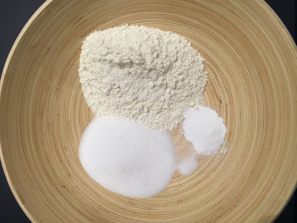 Dry ingredients: flour 270g-2cups. sugar 150g-3/4cup. Baking powder 2tsp. Sodium bicarbonate 1/2 tsp. Salt 1 tsp