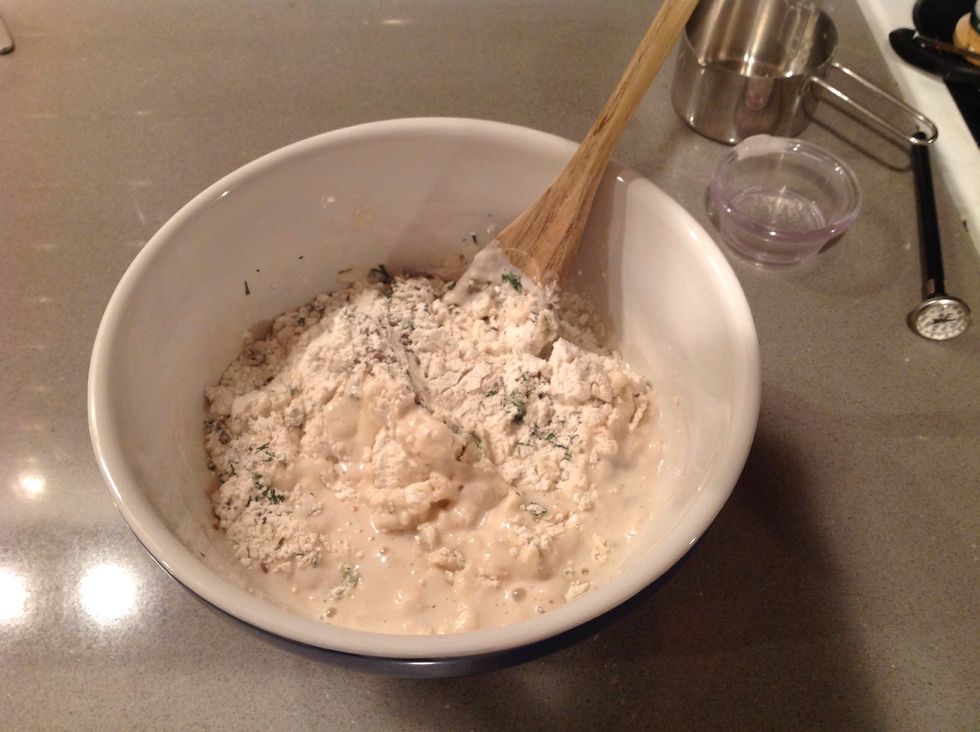 dry ingredients + the yeast mixture...mix them all together.