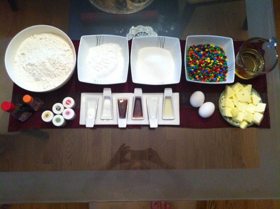 Dry ingreds: 5 cups all purp. flour, 1 cup icing sugar, 1 cup sugar, 1 tsp salt, 1 tsp baking soda Wet: 1 cup oil, 2 eggs, 1 tbsp lemon juice, 2 tbsp vanilla, 1 tbsp almond extract, 1 cup butter