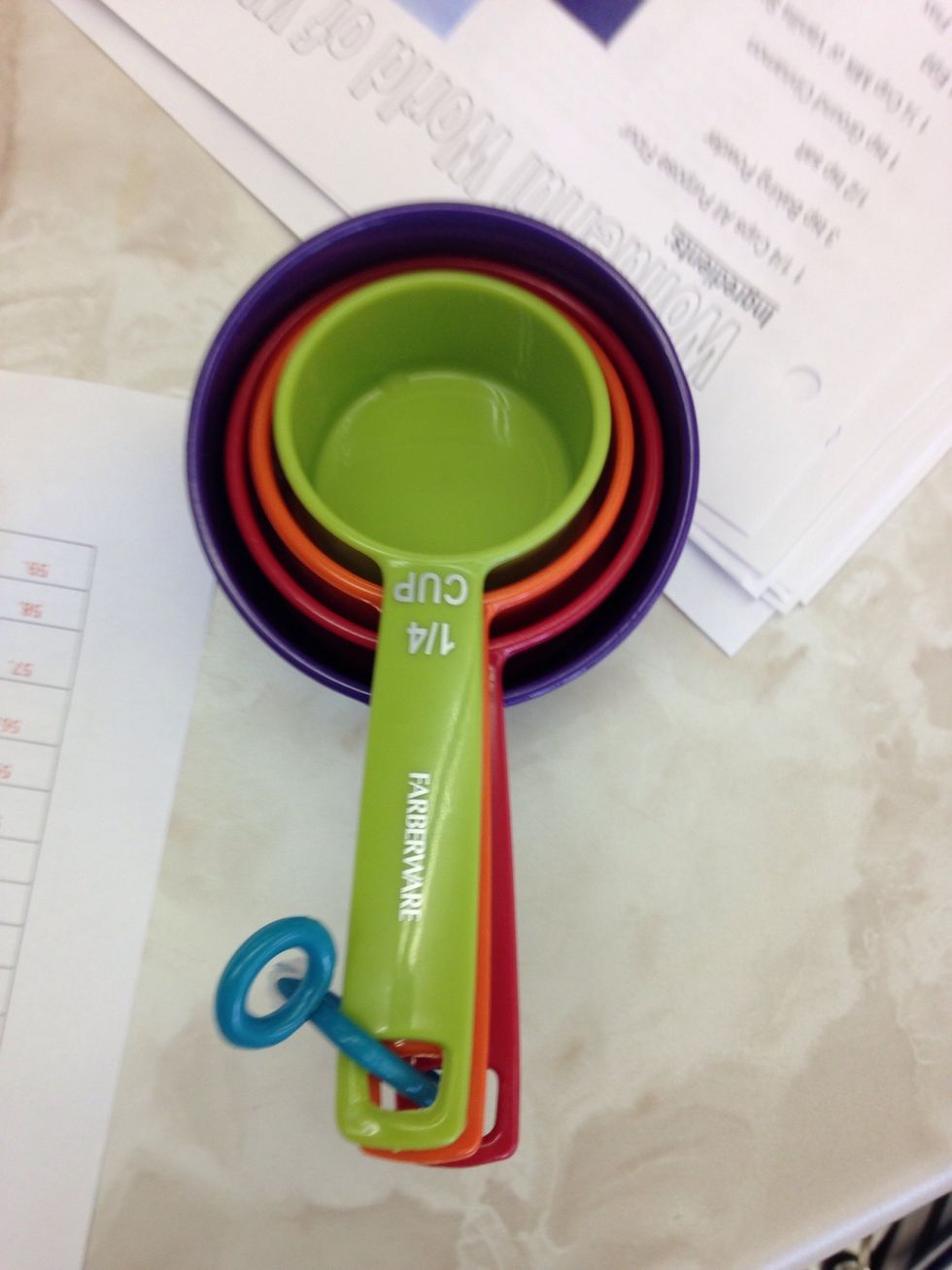 Dry Measuring Cups   Used for measuring dry ingrediants  I can measure dry ingrediants using dry measuring cups