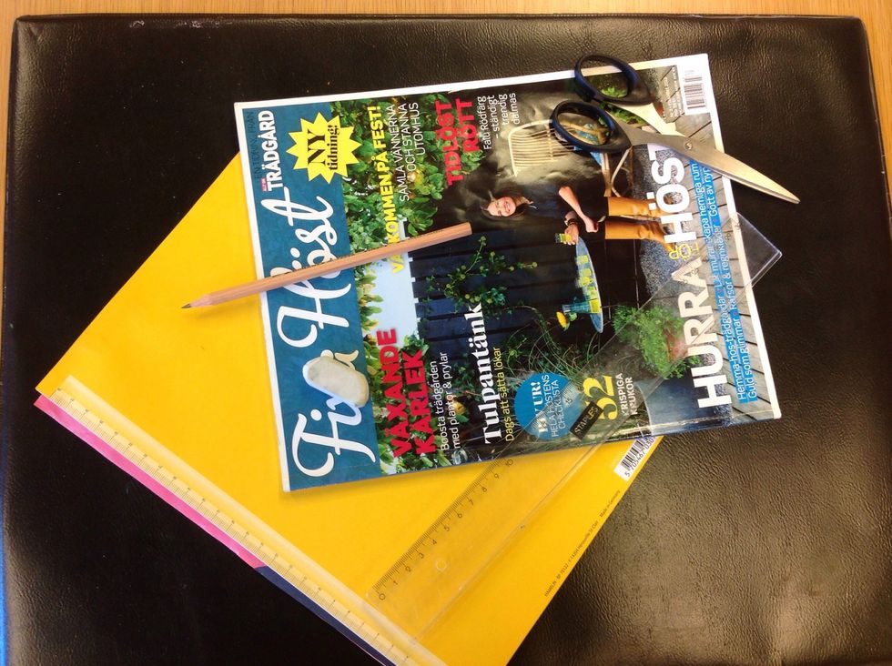 Du beh\u00f6ver: bildbok, linjal, penna, sudd, sax, tidning och lim.
