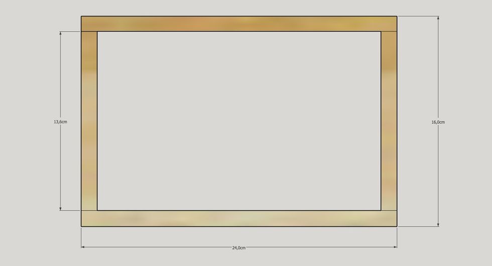 Du beh\u00f6ver kapa 2 bitar till l\u00e5ngsidor och 2 till kortsidor. De 2 l\u00e5nga skall vara lika som l\u00e4ngden p\u00e5 l\u00e5dan. De tv\u00e5 korta skall vara som bredden p\u00e5 l\u00e5dan minus tjockleken tv\u00e5 br\u00e4dor. Se bild.