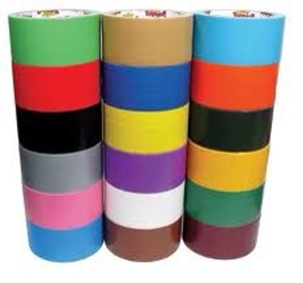 Duct tape comes in tons of colors & prints. My kid has about 8 kinds. For this project she used red and white tape. Tear off a strip about 6 inches long. Then tear that strip into 3-4 long strips.
