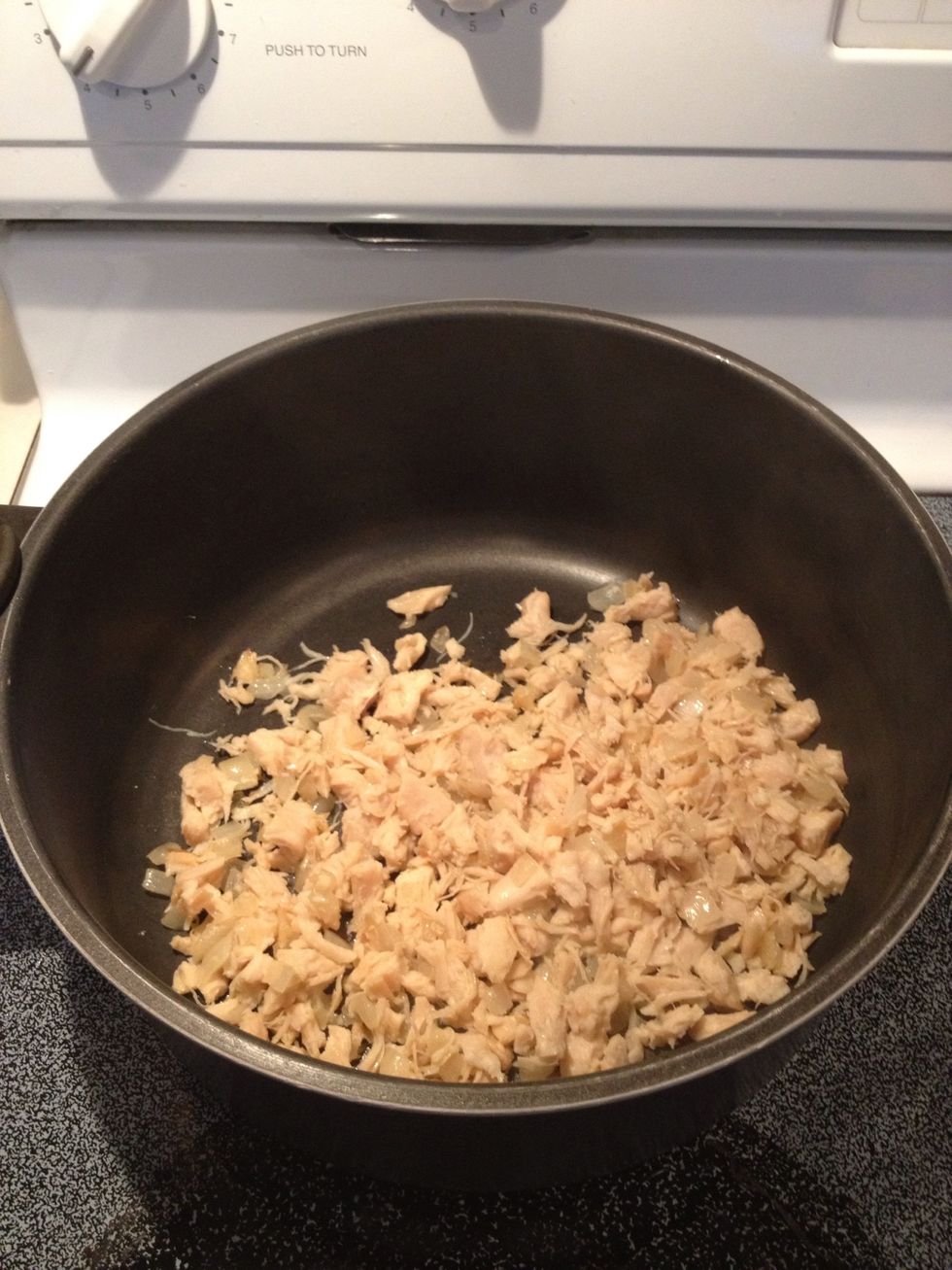 Dump chicken and onions into a large pot.