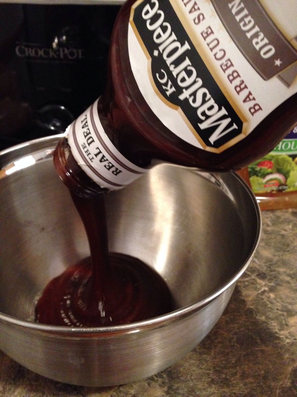 Dump in 12 oz of BBQ sauce into a bowl. I used an 18oz bottle for a little extra sauce.