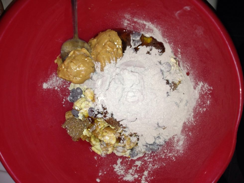 Dump ingredients into a mixing bowl. You can add vanilla extract, chocolate powder, peanut butter cups, sunflower seeds, etc. Let your mind run wild!