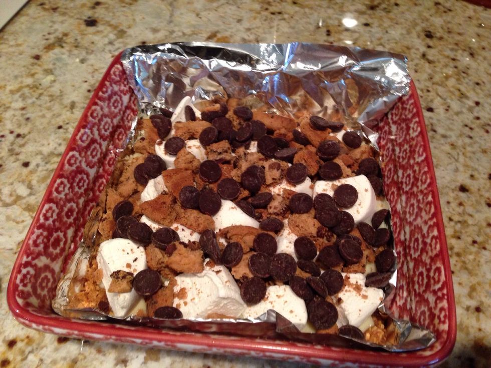 Dump on 1 cup chocolate chips. Bake at 350 for 20 or 25 minutes until golden brown.