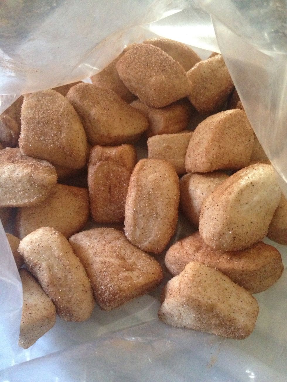 Dump sugar and cinnamon in bag. Take biscuits and place in bag. SHAKE IT LIKE YOU OWN IT ;)