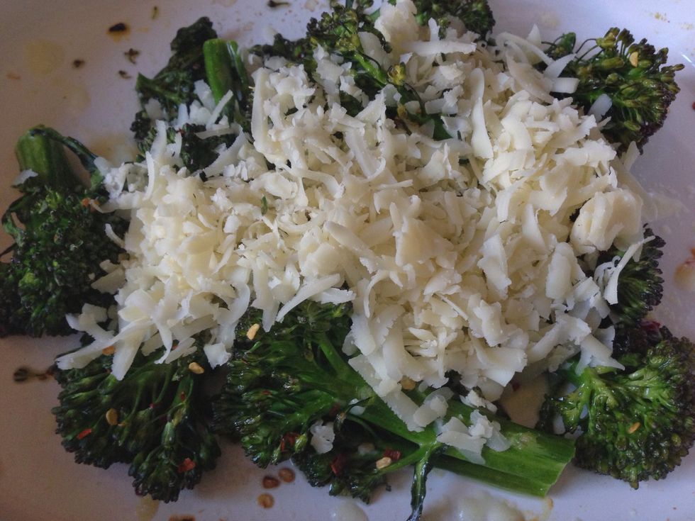 "Dump" the cheese on top of the broccoli and bake for 5-7 minutes. If the broccoli is already tender, turn off oven and leave dish in there only until cheese melts. Tap the photo to see all of it.
